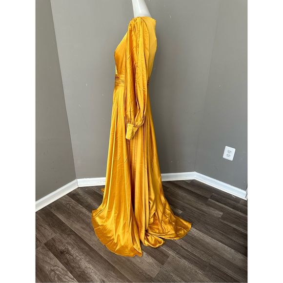 MAC DUGGAL FLOWY SPLIT BISHOP SLEEVE FAUX WRAP GOWN - Picture 8 of 12